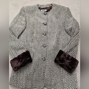 LUISA SPAGNOLI Wool Blend Brown/Beige Houndstooth Coat With Faux Fur Cuffs.Large